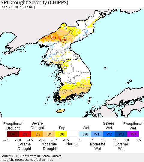 Korea SPI Drought Severity (CHIRPS) Thematic Map For 9/21/2020 - 9/30/2020