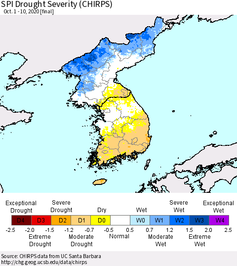 Korea SPI Drought Severity (CHIRPS) Thematic Map For 10/1/2020 - 10/10/2020
