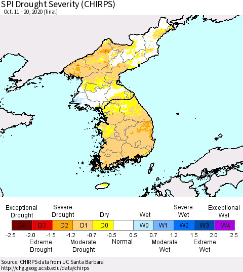 Korea SPI Drought Severity (CHIRPS) Thematic Map For 10/11/2020 - 10/20/2020