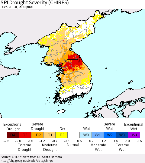 Korea SPI Drought Severity (CHIRPS) Thematic Map For 10/21/2020 - 10/31/2020