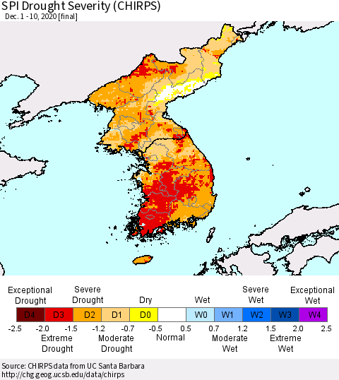 Korea SPI Drought Severity (CHIRPS) Thematic Map For 12/1/2020 - 12/10/2020