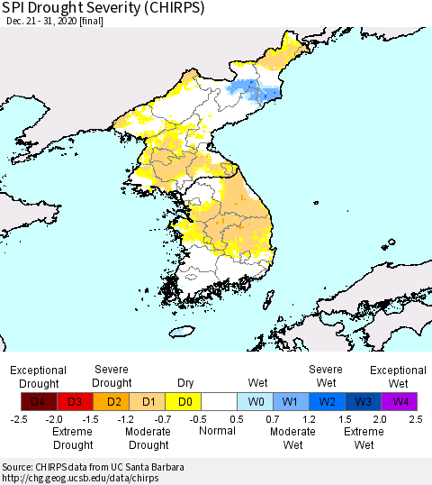 Korea SPI Drought Severity (CHIRPS) Thematic Map For 12/21/2020 - 12/31/2020