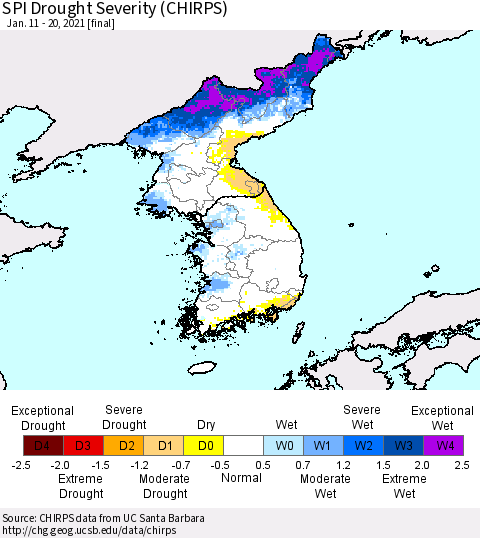 Korea SPI Drought Severity (CHIRPS) Thematic Map For 1/11/2021 - 1/20/2021