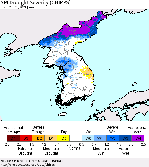 Korea SPI Drought Severity (CHIRPS) Thematic Map For 1/21/2021 - 1/31/2021