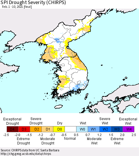 Korea SPI Drought Severity (CHIRPS) Thematic Map For 2/1/2021 - 2/10/2021