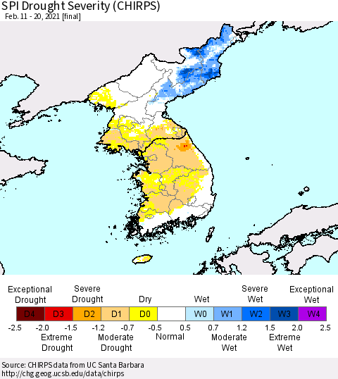 Korea SPI Drought Severity (CHIRPS) Thematic Map For 2/11/2021 - 2/20/2021