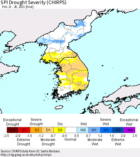 Korea SPI Drought Severity (CHIRPS) Thematic Map For 2/21/2021 - 2/28/2021