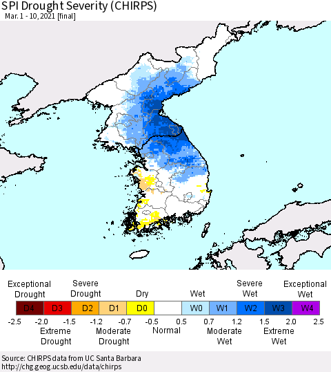 Korea SPI Drought Severity (CHIRPS) Thematic Map For 3/1/2021 - 3/10/2021