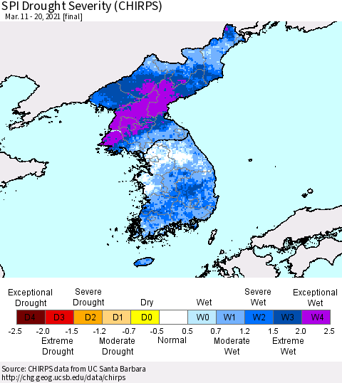 Korea SPI Drought Severity (CHIRPS) Thematic Map For 3/11/2021 - 3/20/2021