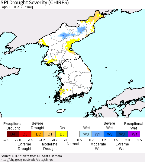 Korea SPI Drought Severity (CHIRPS) Thematic Map For 4/1/2021 - 4/10/2021