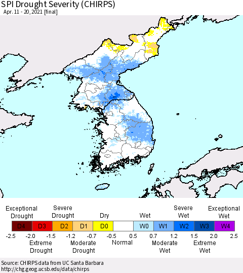 Korea SPI Drought Severity (CHIRPS) Thematic Map For 4/11/2021 - 4/20/2021
