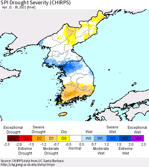 Korea SPI Drought Severity (CHIRPS) Thematic Map For 4/21/2021 - 4/30/2021