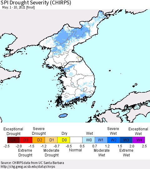 Korea SPI Drought Severity (CHIRPS) Thematic Map For 5/1/2021 - 5/10/2021