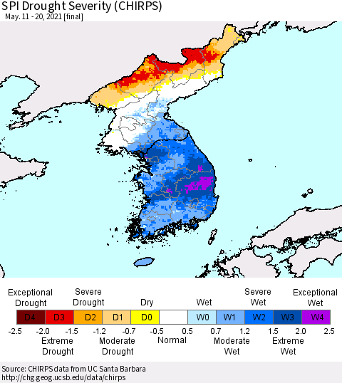 Korea SPI Drought Severity (CHIRPS) Thematic Map For 5/11/2021 - 5/20/2021