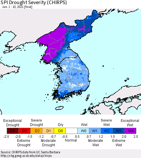 Korea SPI Drought Severity (CHIRPS) Thematic Map For 6/1/2021 - 6/10/2021