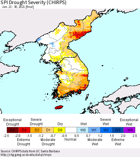 Korea SPI Drought Severity (CHIRPS) Thematic Map For 6/21/2021 - 6/30/2021