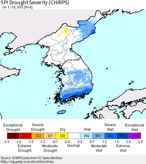 Korea SPI Drought Severity (CHIRPS) Thematic Map For 7/1/2021 - 7/10/2021