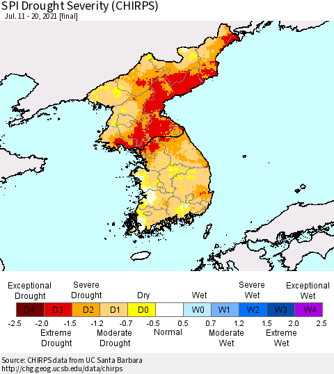 Korea SPI Drought Severity (CHIRPS) Thematic Map For 7/11/2021 - 7/20/2021