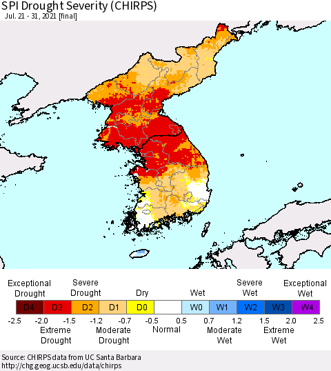 Korea SPI Drought Severity (CHIRPS) Thematic Map For 7/21/2021 - 7/31/2021