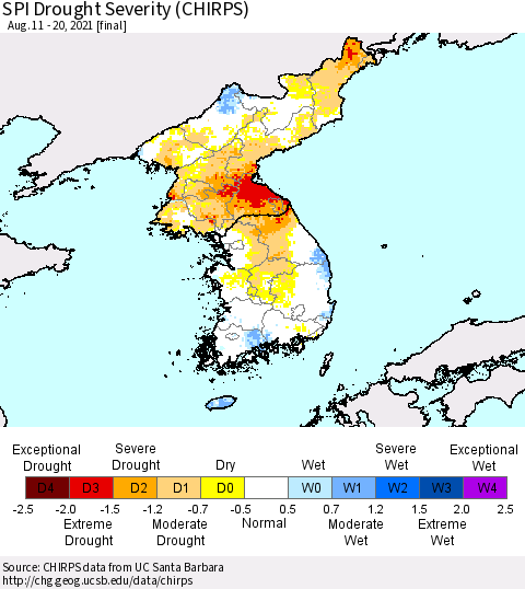 Korea SPI Drought Severity (CHIRPS) Thematic Map For 8/11/2021 - 8/20/2021