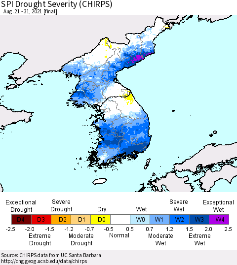Korea SPI Drought Severity (CHIRPS) Thematic Map For 8/21/2021 - 8/31/2021