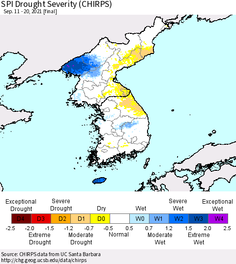 Korea SPI Drought Severity (CHIRPS) Thematic Map For 9/11/2021 - 9/20/2021
