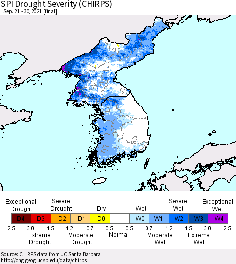 Korea SPI Drought Severity (CHIRPS) Thematic Map For 9/21/2021 - 9/30/2021