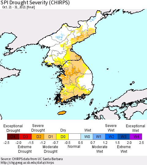 Korea SPI Drought Severity (CHIRPS) Thematic Map For 10/21/2021 - 10/31/2021