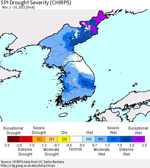 Korea SPI Drought Severity (CHIRPS) Thematic Map For 11/1/2021 - 11/10/2021