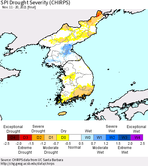 Korea SPI Drought Severity (CHIRPS) Thematic Map For 11/11/2021 - 11/20/2021