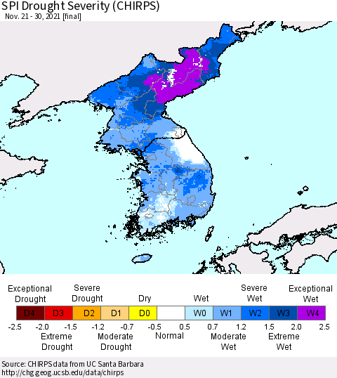 Korea SPI Drought Severity (CHIRPS) Thematic Map For 11/21/2021 - 11/30/2021