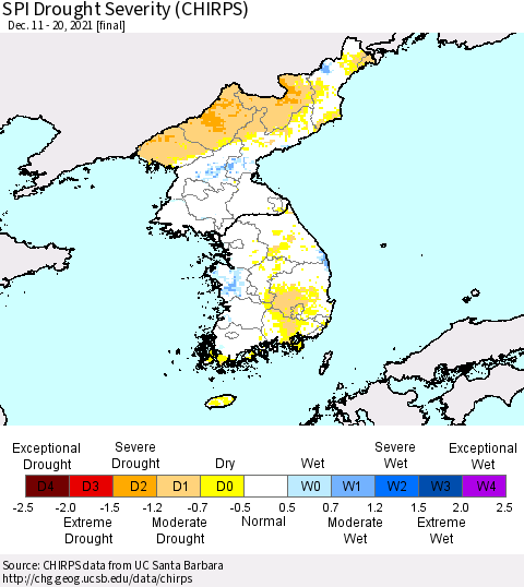 Korea SPI Drought Severity (CHIRPS) Thematic Map For 12/11/2021 - 12/20/2021