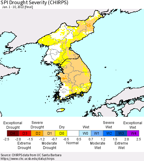 Korea SPI Drought Severity (CHIRPS) Thematic Map For 1/1/2022 - 1/10/2022