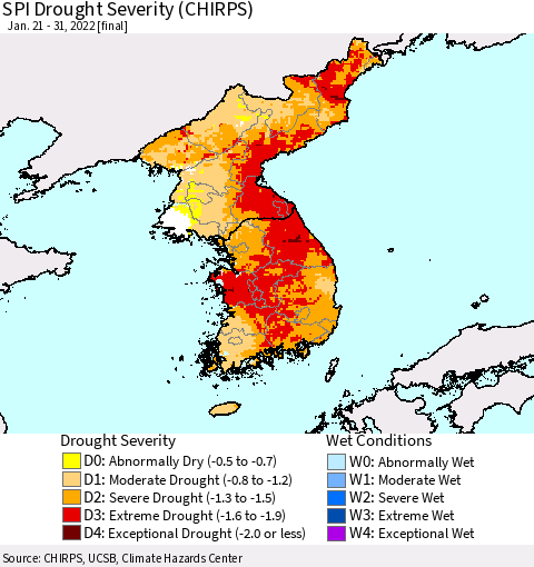 Korea SPI Drought Severity (CHIRPS) Thematic Map For 1/21/2022 - 1/31/2022