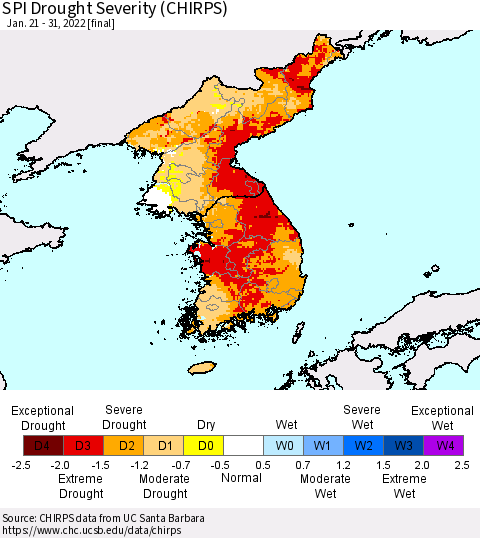 Korea SPI Drought Severity (CHIRPS) Thematic Map For 1/21/2022 - 1/31/2022