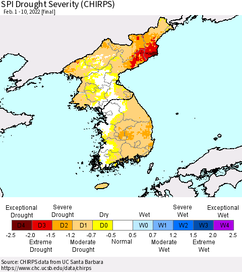 Korea SPI Drought Severity (CHIRPS) Thematic Map For 2/1/2022 - 2/10/2022