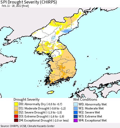 Korea SPI Drought Severity (CHIRPS) Thematic Map For 2/11/2022 - 2/20/2022