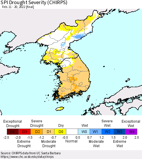 Korea SPI Drought Severity (CHIRPS) Thematic Map For 2/11/2022 - 2/20/2022