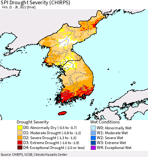 Korea SPI Drought Severity (CHIRPS) Thematic Map For 2/21/2022 - 2/28/2022