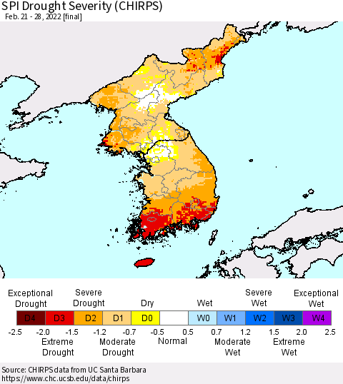 Korea SPI Drought Severity (CHIRPS) Thematic Map For 2/21/2022 - 2/28/2022