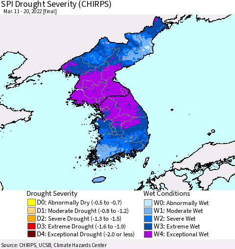 Korea SPI Drought Severity (CHIRPS) Thematic Map For 3/11/2022 - 3/20/2022