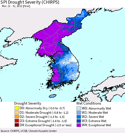 Korea SPI Drought Severity (CHIRPS) Thematic Map For 3/21/2022 - 3/31/2022