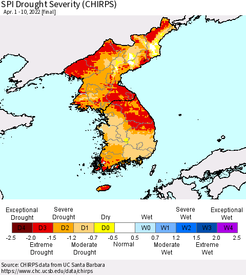 Korea SPI Drought Severity (CHIRPS) Thematic Map For 4/1/2022 - 4/10/2022