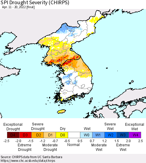 Korea SPI Drought Severity (CHIRPS) Thematic Map For 4/11/2022 - 4/20/2022