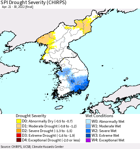 Korea SPI Drought Severity (CHIRPS) Thematic Map For 4/21/2022 - 4/30/2022