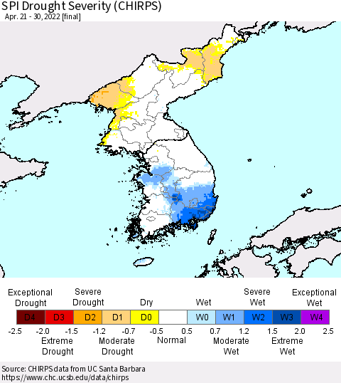 Korea SPI Drought Severity (CHIRPS) Thematic Map For 4/21/2022 - 4/30/2022