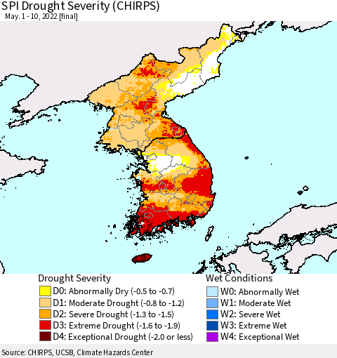 Korea SPI Drought Severity (CHIRPS) Thematic Map For 5/1/2022 - 5/10/2022