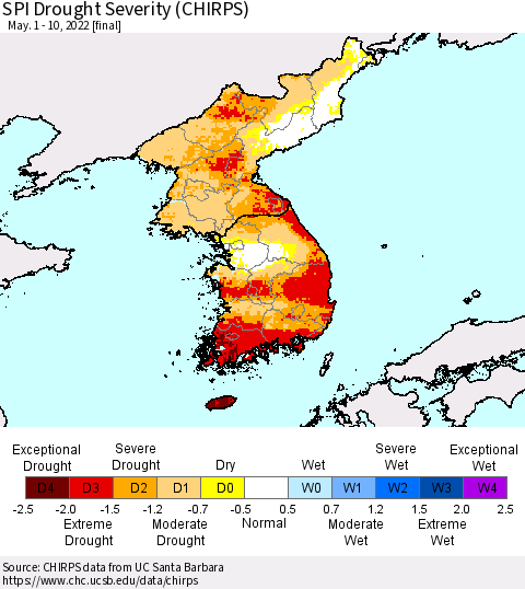 Korea SPI Drought Severity (CHIRPS) Thematic Map For 5/1/2022 - 5/10/2022