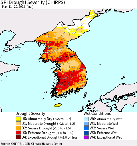 Korea SPI Drought Severity (CHIRPS) Thematic Map For 5/11/2022 - 5/20/2022