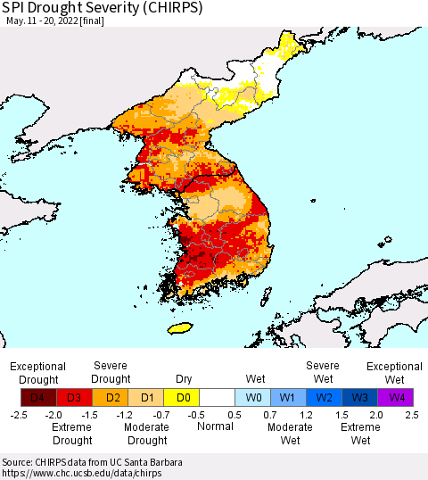 Korea SPI Drought Severity (CHIRPS) Thematic Map For 5/11/2022 - 5/20/2022